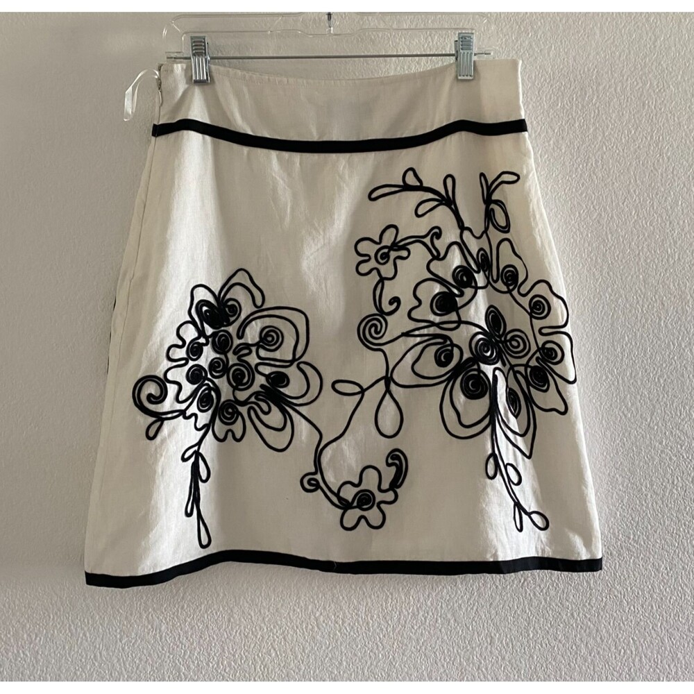 Camille le Vie Linen Black And White A Line Embroidered Skirt‎ Womens Size 8